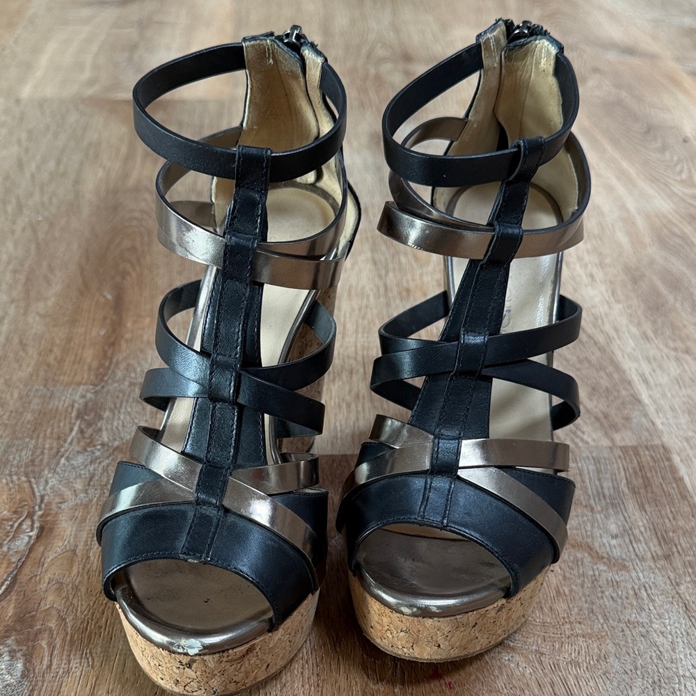 JIMMY CHOO Black and Bronze Strappy Wedge Sandals - Picture 2 of 5